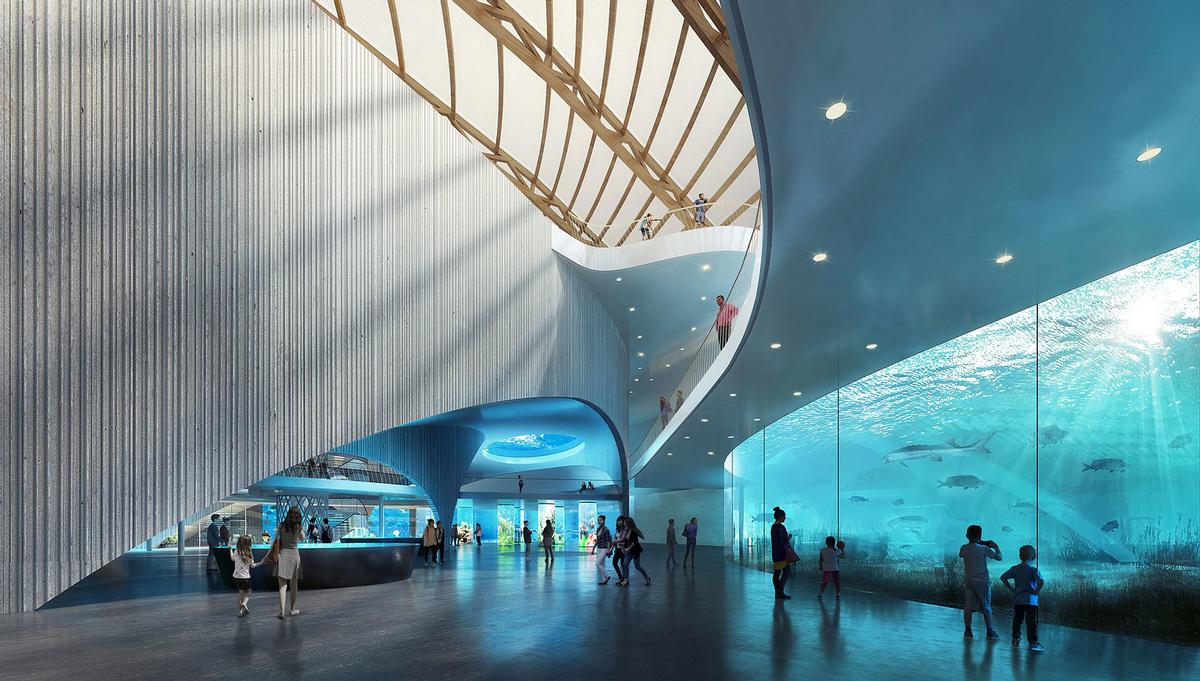 The aquarium will feature exhibition halls, walkways, and an auditorium. / Courtesy of Ennead Architects