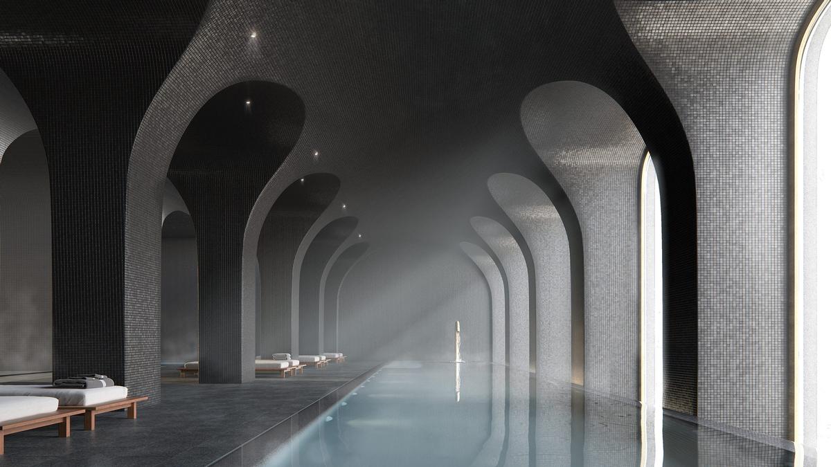 The spa centre will comprise three pools, a sauna room, and a massage chamber. / Rendering by Binyan Studios