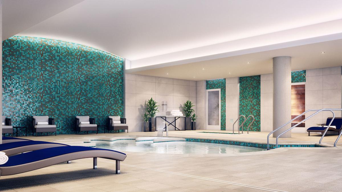 The state-of-the-art hydromassage pool sits alongside a surrounding hydrotherapy circuit that includes a steam room, sauna and eight-foot deep cool plunge pool / 