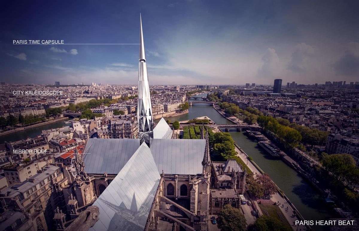 The winning entry, by Zeyu Cai and Sibei Li, includes a time capsule at the top of the spire