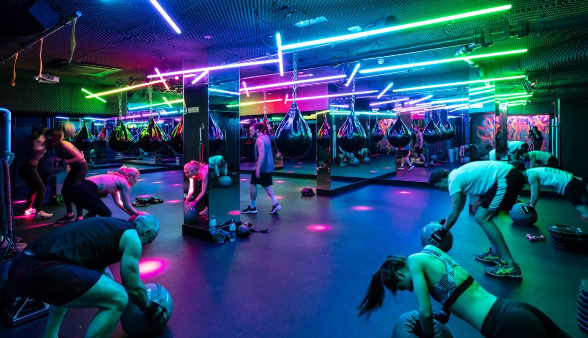 The studio combines features from entertainment venues with state-of-the-art gym equipment