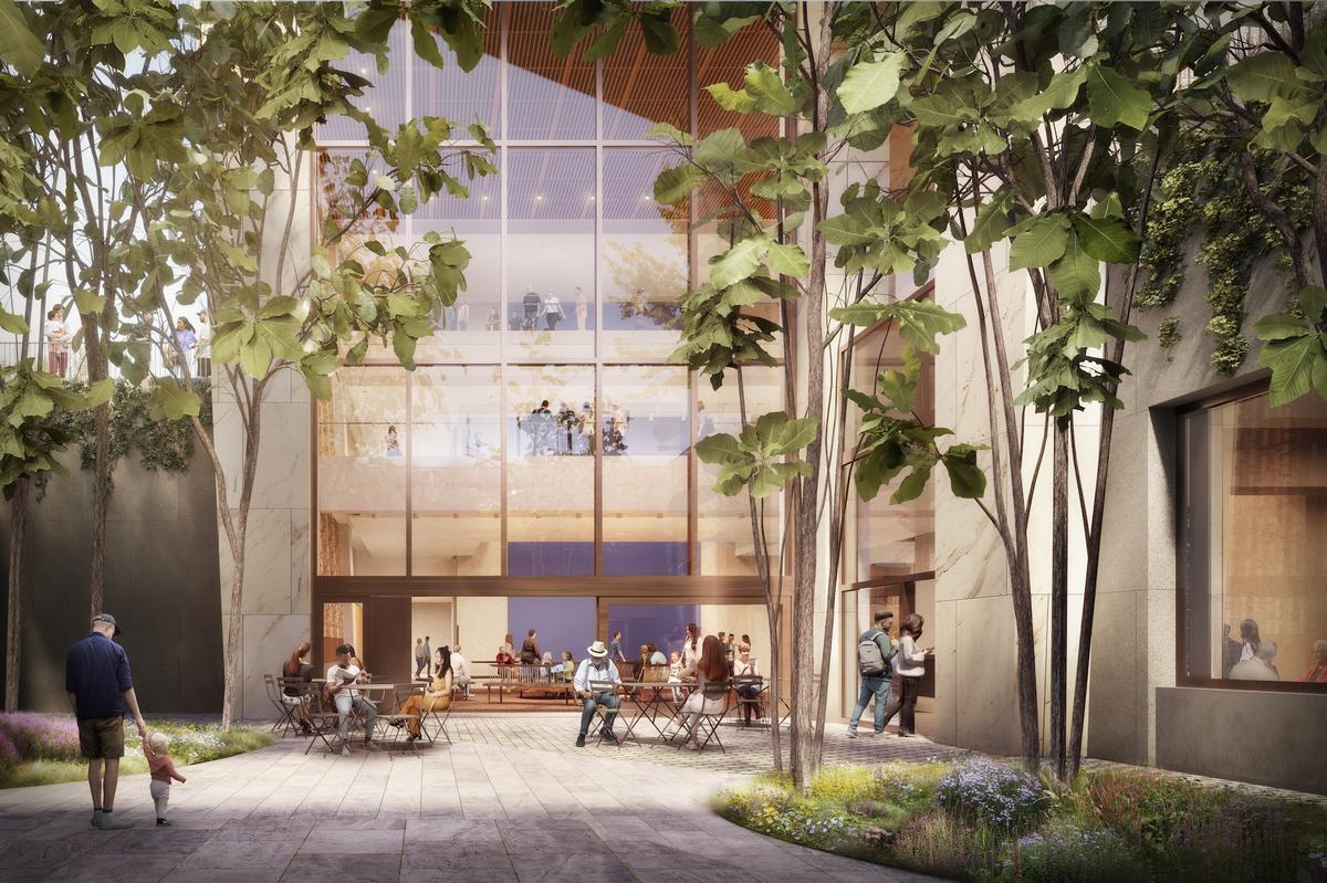 A landscaped courtyard brings natural light and greenery to the Center’s public spaces, including a café on the garden level of the museum building / The Obama Presidential Center