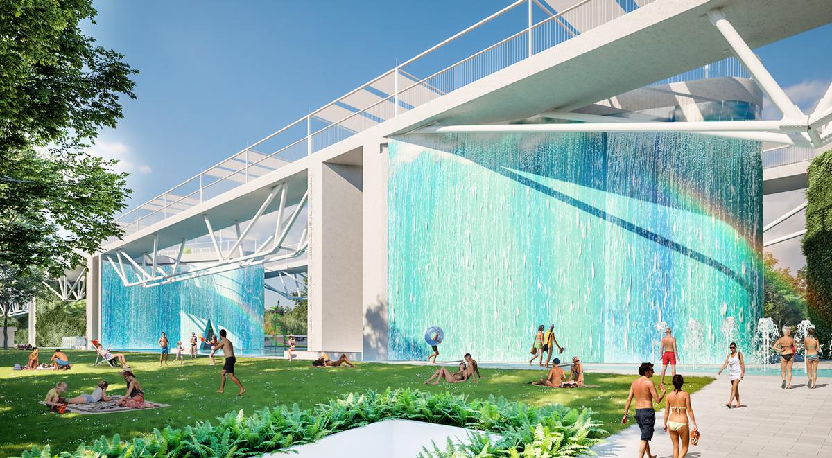 Cascading waterfalls are enclosed within glass walls to reduce noise