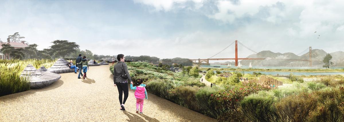 A cliff walk path will have lookout points and views of the Golden Gate Bridge / James Corner Field Operations