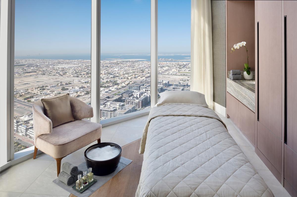 The spa is located on the 54th floor on the hotel’s sky bridge, giving it 360-degree views of Dubai’s skyline