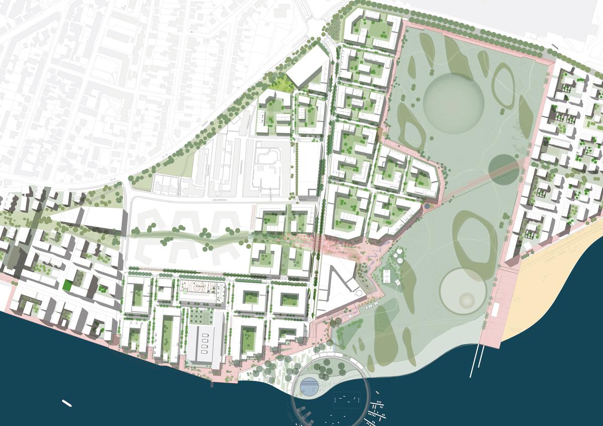 The 33ha (82ac) area around the houses is to be developed into 'an attractive, vibrant and green urban space' / C.F. Møller