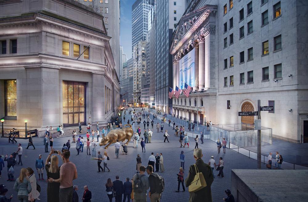 The architectural plan is to turn the area around the New York Stock Exchange into a greener, more pedestrian-friendly environment