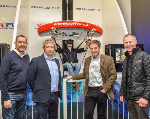 L-R: Mike Calvert from Reward Finance Group, Matt Wells and David Wood from Frontgrid and Ian Adams from Bathgate Business Finance at the opening of the Paradrop VR attraction at iFly Basingstoke / Steve Smyth Photography