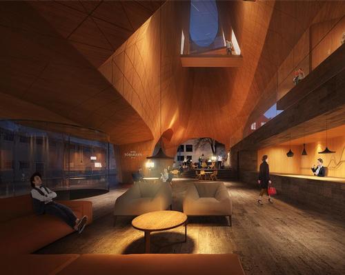 The hotel's lobby will be punctured with multiple skylights, giving the space an atrium-like aesthetic. / Courtesy of Henning Larsen