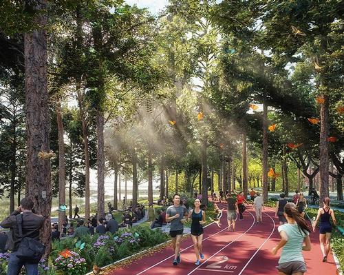 The expansive metropolis, which will be situated amidst forests and wetlands, will include a variety of parks, trails, and sports facilities / SOM/TLS