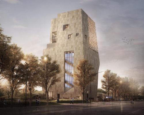 The northern facade of the museum building, as viewed from Stony Island Avenue / The Obama Presidential Center