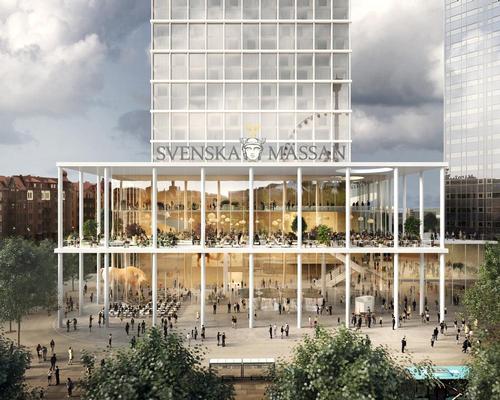 The base of the building will accommodate a raised, covered terrace and provide cover for part of the plaza / Tham & Videgård Arkitekter